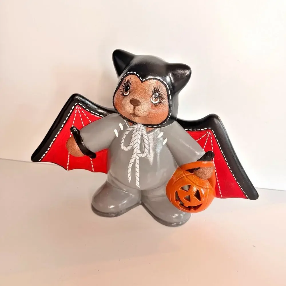 Vintage Halloween Ceramic Bear in Bat Costume Mold Figurine Statue 8